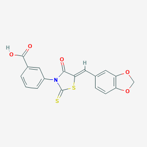 molecular formula C18H11NO5S2 B374211 3-[5-(1,3-Benzodioxol-5-ylmethylene)-4-oxo-2-thioxo-1,3-thiazolidin-3-yl]benzoic acid 