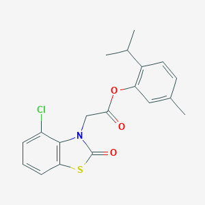 molecular formula C19H18ClNO3S B374243 2-isopropyl-5-methylphenyl (4-chloro-2-oxo-1,3-benzothiazol-3(2H)-yl)acetate 