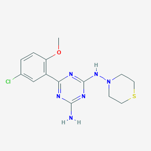molecular formula C14H17ClN6OS B374292 N-[4-amino-6-(5-chloro-2-methoxyphenyl)-1,3,5-triazin-2-yl]-N-(4-thiomorpholinyl)amine 