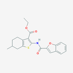 molecular formula C21H21NO4S B374352 Ethyl 2-[(1-benzofuran-2-ylcarbonyl)amino]-6-methyl-4,5,6,7-tetrahydro-1-benzothiophene-3-carboxylate 