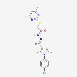 molecular formula C21H22ClN5OS B374379 N'-{(E)-[1-(4-chlorophenyl)-2,5-dimethyl-1H-pyrrol-3-yl]methylidene}-2-[(4,6-dimethylpyrimidin-2-yl)sulfanyl]acetohydrazide 