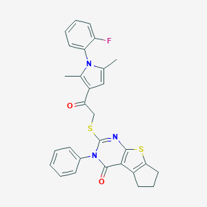 molecular formula C29H24FN3O2S2 B374384 2-({2-[1-(2-fluorophenyl)-2,5-dimethyl-1H-pyrrol-3-yl]-2-oxoethyl}sulfanyl)-3-phenyl-3,5,6,7-tetrahydro-4H-cyclopenta[4,5]thieno[2,3-d]pyrimidin-4-one 