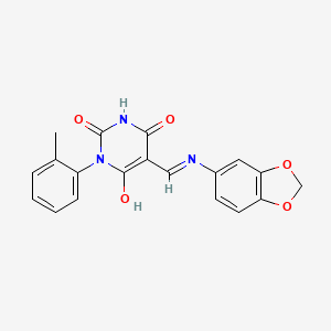 molecular formula C19H15N3O5 B3743874 5-[(1,3-benzodioxol-5-ylamino)methylene]-1-(2-methylphenyl)-2,4,6(1H,3H,5H)-pyrimidinetrione CAS No. 5396-17-8