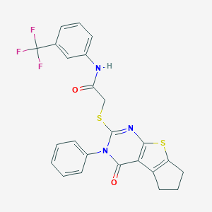 molecular formula C24H18F3N3O2S2 B374390 2-[(4-oxo-3-phenyl-3,5,6,7-tetrahydro-4H-cyclopenta[4,5]thieno[2,3-d]pyrimidin-2-yl)sulfanyl]-N-[3-(trifluoromethyl)phenyl]acetamide CAS No. 307513-25-3