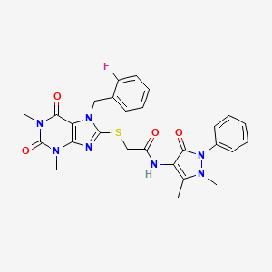 molecular formula C27H26FN7O4S B3746689 N-(1,5-dimethyl-3-oxo-2-phenyl-2,3-dihydro-1H-pyrazol-4-yl)-2-{[7-(2-fluorobenzyl)-1,3-dimethyl-2,6-dioxo-2,3,6,7-tetrahydro-1H-purin-8-yl]thio}acetamide 