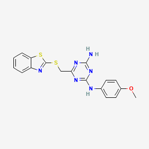 molecular formula C18H16N6OS2 B3750056 6-[(1,3-benzothiazol-2-ylthio)methyl]-N-(4-methoxyphenyl)-1,3,5-triazine-2,4-diamine 