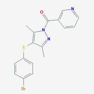 molecular formula C17H14BrN3OS B375033 3-({4-[(4-bromophenyl)thio]-3,5-dimethyl-1H-pyrazol-1-yl}carbonyl)pyridine 