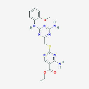 molecular formula C18H20N8O3S B3750427 ethyl 4-amino-2-[({4-amino-6-[(2-methoxyphenyl)amino]-1,3,5-triazin-2-yl}methyl)thio]-5-pyrimidinecarboxylate 