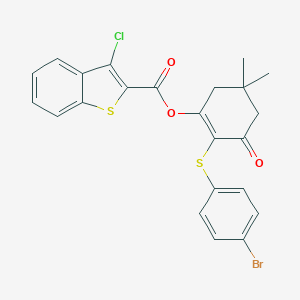 molecular formula C23H18BrClO3S2 B375118 2-[(4-Bromophenyl)sulfanyl]-5,5-dimethyl-3-oxocyclohex-1-en-1-yl 3-chloro-1-benzothiophene-2-carboxylate 
