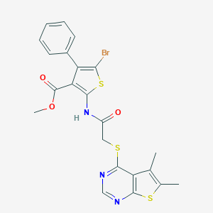 molecular formula C22H18BrN3O3S3 B375122 Methyl 5-bromo-2-({[(5,6-dimethylthieno[2,3-d]pyrimidin-4-yl)sulfanyl]acetyl}amino)-4-phenylthiophene-3-carboxylate 