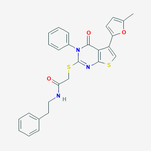 molecular formula C27H23N3O3S2 B375126 2-((5-(5-methylfuran-2-yl)-4-oxo-3-phenyl-3,4-dihydrothieno[2,3-d]pyrimidin-2-yl)thio)-N-phenethylacetamide CAS No. 379236-18-7
