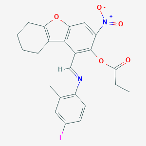 molecular formula C23H21IN2O5 B375426 3-Nitro-1-{[(4-iodo-2-methylphenyl)imino]methyl}-6,7,8,9-tetrahydrodibenzo[b,d]furan-2-yl propionate 