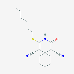 molecular formula C18H25N3OS B375462 2-(Hexylsulfanyl)-4-oxo-3-azaspiro[5.5]undec-1-ene-1,5-dicarbonitrile CAS No. 185414-63-5