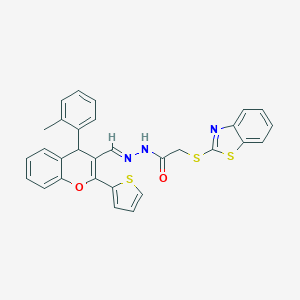 molecular formula C30H23N3O2S3 B375478 2-(1,3-benzothiazol-2-ylsulfanyl)-N'-{[4-(2-methylphenyl)-2-(2-thienyl)-4H-chromen-3-yl]methylene}acetohydrazide 