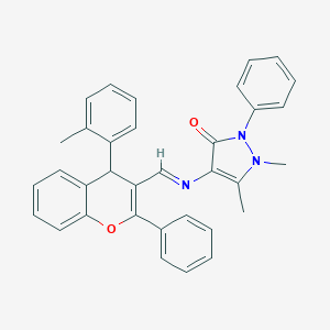 molecular formula C34H29N3O2 B375484 1,5-dimethyl-4-({[4-(2-methylphenyl)-2-phenyl-4H-chromen-3-yl]methylene}amino)-2-phenyl-1,2-dihydro-3H-pyrazol-3-one 