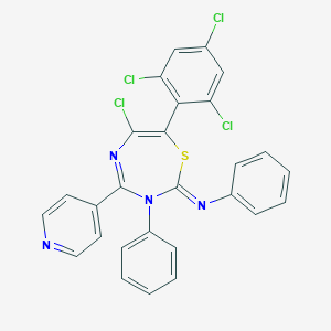 molecular formula C27H16Cl4N4S B375522 N-(6-chloro-3-phenyl-4-(4-pyridinyl)-7-(2,4,6-trichlorophenyl)-1,3,5-thiadiazepin-2(3H)-ylidene)-N-phenylamine 