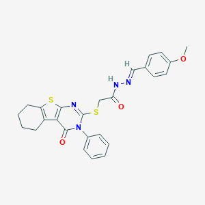 molecular formula C26H24N4O3S2 B375563 N-[(E)-(4-methoxyphenyl)methylideneamino]-2-[(4-oxo-3-phenyl-5,6,7,8-tetrahydro-[1]benzothiolo[2,3-d]pyrimidin-2-yl)sulfanyl]acetamide CAS No. 343588-88-5