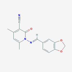 molecular formula C16H13N3O3 B375610 1-{[(1E)-1,3-benzodioxol-5-ylmethylene]amino}-4,6-dimethyl-2-oxo-1,2-dihydropyridine-3-carbonitrile 
