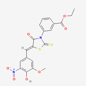 molecular formula C20H16N2O7S2 B3756134 ethyl 3-[5-(4-hydroxy-3-methoxy-5-nitrobenzylidene)-4-oxo-2-thioxo-1,3-thiazolidin-3-yl]benzoate 