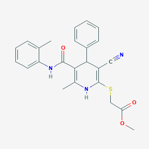 molecular formula C24H23N3O3S B375857 Methyl {[3-cyano-6-methyl-4-phenyl-5-(2-toluidinocarbonyl)-1,4-dihydro-2-pyridinyl]sulfanyl}acetate CAS No. 374918-30-6