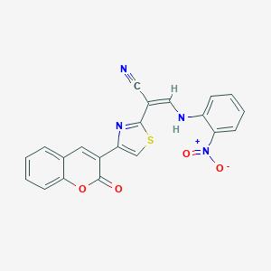 molecular formula C21H12N4O4S B375907 3-{2-nitroanilino}-2-[4-(2-oxo-2H-chromen-3-yl)-1,3-thiazol-2-yl]acrylonitrile 
