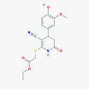 molecular formula C17H18N2O5S B376035 Ethyl {[3-cyano-4-(4-hydroxy-3-methoxyphenyl)-6-oxo-1,4,5,6-tetrahydro-2-pyridinyl]sulfanyl}acetate 