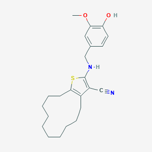 molecular formula C23H30N2O2S B376294 2-[(4-Hydroxy-3-methoxybenzyl)amino]-4,5,6,7,8,9,10,11,12,13-decahydrocyclododeca[b]thiophene-3-carbonitrile CAS No. 342381-97-9