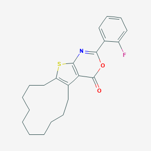 molecular formula C22H24FNO2S B376380 2-(2-fluorophenyl)-5,6,7,8,9,10,11,12,13,14-decahydro-4H-cyclododeca[4,5]thieno[2,3-d][1,3]oxazin-4-one 