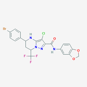 molecular formula C21H15BrClF3N4O3 B376467 N-(1,3-benzodioxol-5-yl)-5-(4-bromophenyl)-3-chloro-7-(trifluoromethyl)-4,5,6,7-tetrahydropyrazolo[1,5-a]pyrimidine-2-carboxamide 