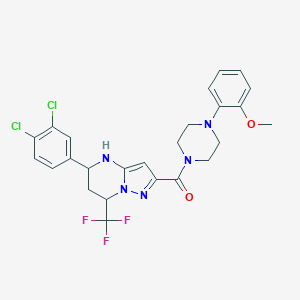 molecular formula C25H24Cl2F3N5O2 B376469 [5-(3,4-Dichlorophenyl)-7-(trifluoromethyl)-4,5,6,7-tetrahydropyrazolo[1,5-a]pyrimidin-2-yl][4-(2-methoxyphenyl)piperazin-1-yl]methanone 