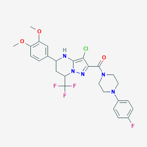 molecular formula C26H26ClF4N5O3 B376473 3-Chloro-5-(3,4-dimethoxyphenyl)-2-{[4-(4-fluorophenyl)piperazin-1-yl]carbonyl}-7-(trifluoromethyl)-4,5,6,7-tetrahydropyrazolo[1,5-a]pyrimidine 