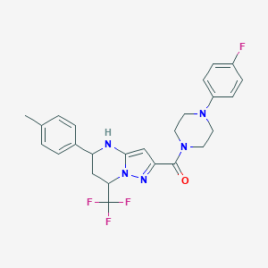 molecular formula C25H25F4N5O B376477 2-{[4-(4-Fluorophenyl)piperazin-1-yl]carbonyl}-5-(4-methylphenyl)-7-(trifluoromethyl)-4,5,6,7-tetrahydropyrazolo[1,5-a]pyrimidine CAS No. 6074-49-3