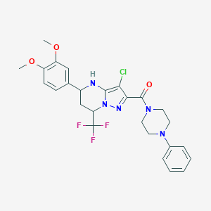 molecular formula C26H27ClF3N5O3 B376478 [3-Chloro-5-(3,4-dimethoxyphenyl)-7-(trifluoromethyl)-4,5,6,7-tetrahydropyrazolo[1,5-a]pyrimidin-2-yl](4-phenylpiperazin-1-yl)methanone 
