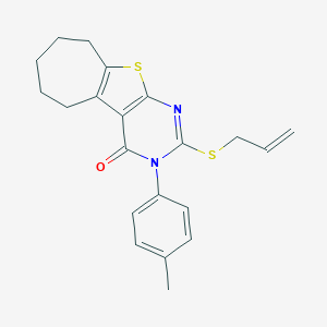 molecular formula C21H22N2OS2 B376619 2-(allylsulfanyl)-3-(4-methylphenyl)-3,5,6,7,8,9-hexahydro-4H-cyclohepta[4,5]thieno[2,3-d]pyrimidin-4-one CAS No. 351159-98-3