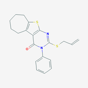 molecular formula C20H20N2OS2 B376620 2-(allylsulfanyl)-3-phenyl-3,5,6,7,8,9-hexahydro-4H-cyclohepta[4,5]thieno[2,3-d]pyrimidin-4-one CAS No. 351159-75-6