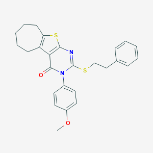 molecular formula C26H26N2O2S2 B376621 3-(4-methoxyphenyl)-2-[(2-phenylethyl)sulfanyl]-3,5,6,7,8,9-hexahydro-4H-cyclohepta[4,5]thieno[2,3-d]pyrimidin-4-one CAS No. 351160-06-0