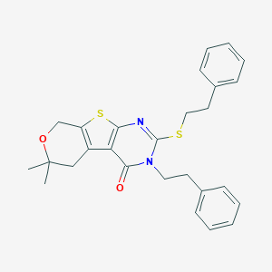 molecular formula C27H28N2O2S2 B376622 6,6-dimethyl-3-(2-phenylethyl)-2-[(2-phenylethyl)sulfanyl]-3,5,6,8-tetrahydro-4H-pyrano[4',3':4,5]thieno[2,3-d]pyrimidin-4-one CAS No. 351159-99-4