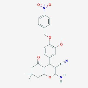 molecular formula C26H25N3O6 B376640 2-amino-4-[4-({4-nitrobenzyl}oxy)-3-methoxyphenyl]-7,7-dimethyl-5-oxo-5,6,7,8-tetrahydro-4H-chromene-3-carbonitrile 