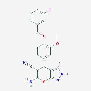 molecular formula C22H19FN4O3 B376644 6-Amino-4-{4-[(3-fluorobenzyl)oxy]-3-methoxyphenyl}-3-methyl-1,4-dihydropyrano[2,3-c]pyrazole-5-carbonitrile 