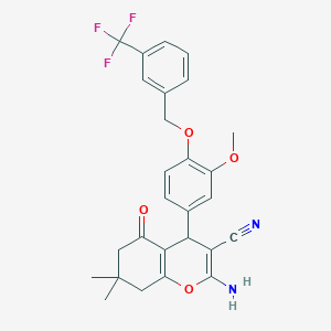 molecular formula C27H25F3N2O4 B376647 2-amino-4-(3-methoxy-4-{[3-(trifluoromethyl)benzyl]oxy}phenyl)-7,7-dimethyl-5-oxo-5,6,7,8-tetrahydro-4H-chromene-3-carbonitrile 