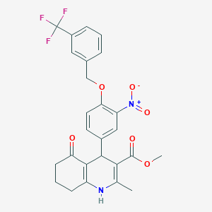 molecular formula C26H23F3N2O6 B376658 Methyl 2-methyl-4-(3-nitro-4-{[3-(trifluoromethyl)benzyl]oxy}phenyl)-5-oxo-1,4,5,6,7,8-hexahydroquinoline-3-carboxylate 