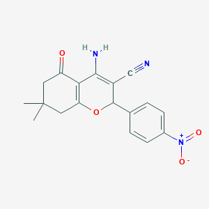molecular formula C18H17N3O4 B376675 4-amino-7,7-dimethyl-2-(4-nitrophenyl)-5-oxo-5,6,7,8-tetrahydro-2H-chromene-3-carbonitrile 