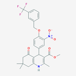 molecular formula C28H27F3N2O6 B376678 Methyl 2,7,7-trimethyl-4-(3-nitro-4-{[3-(trifluoromethyl)benzyl]oxy}phenyl)-5-oxo-1,4,5,6,7,8-hexahydroquinoline-3-carboxylate 