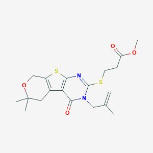 molecular formula C19H24N2O4S2 B376681 Methyl 3-[[12,12-dimethyl-4-(2-methylprop-2-enyl)-3-oxo-11-oxa-8-thia-4,6-diazatricyclo[7.4.0.02,7]trideca-1(9),2(7),5-trien-5-yl]sulfanyl]propanoate CAS No. 351008-25-8