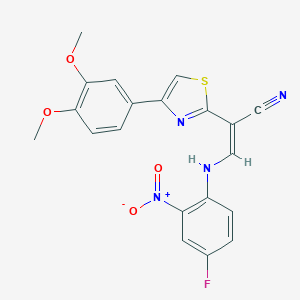 molecular formula C20H15FN4O4S B376701 (Z)-2-(4-(3,4-dimethoxyphenyl)thiazol-2-yl)-3-((4-fluoro-2-nitrophenyl)amino)acrylonitrile CAS No. 477298-35-4