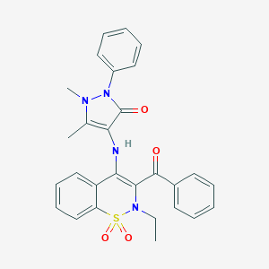 molecular formula C28H26N4O4S B376705 4-[(3-benzoyl-2-ethyl-1,1-dioxido-2H-1,2-benzothiazin-4-yl)amino]-1,5-dimethyl-2-phenyl-1,2-dihydro-3H-pyrazol-3-one CAS No. 364595-17-5