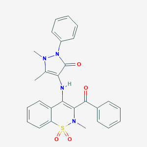 molecular formula C27H24N4O4S B376706 1,5-dimethyl-4-{[2-methyl-1,1-dioxido-3-(phenylcarbonyl)-2H-1,2-benzothiazin-4-yl]amino}-2-phenyl-1,2-dihydro-3H-pyrazol-3-one 