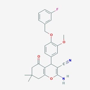 molecular formula C26H25FN2O4 B376727 2-amino-4-{4-[(3-fluorobenzyl)oxy]-3-methoxyphenyl}-7,7-dimethyl-5-oxo-5,6,7,8-tetrahydro-4H-chromene-3-carbonitrile 