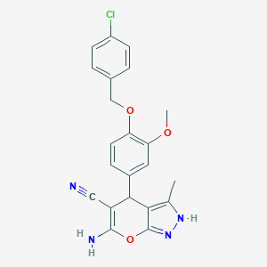 molecular formula C22H19ClN4O3 B376728 6-Amino-4-[4-[(4-chlorophenyl)methoxy]-3-methoxyphenyl]-3-methyl-2,4-dihydropyrano[2,3-c]pyrazole-5-carbonitrile CAS No. 398136-20-4