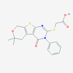molecular formula C19H18N2O4S2 B376923 [(6,6-dimethyl-4-oxo-3-phenyl-3,5,6,8-tetrahydro-4H-pyrano[4',3':4,5]thieno[2,3-d]pyrimidin-2-yl)sulfanyl]acetic acid CAS No. 303089-14-7